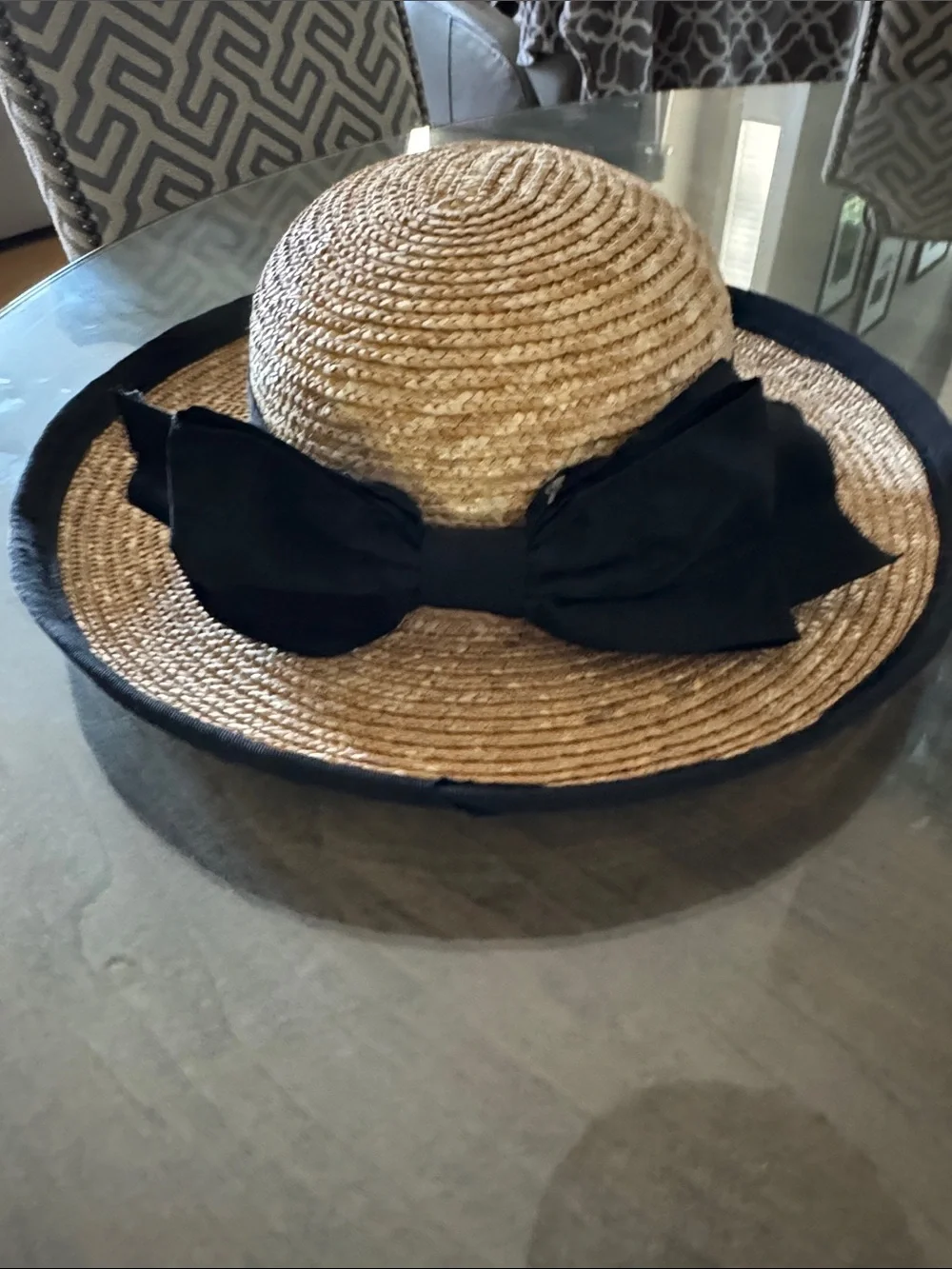 Women's Natural Straw Sun Hat with Black Ribbon Trim